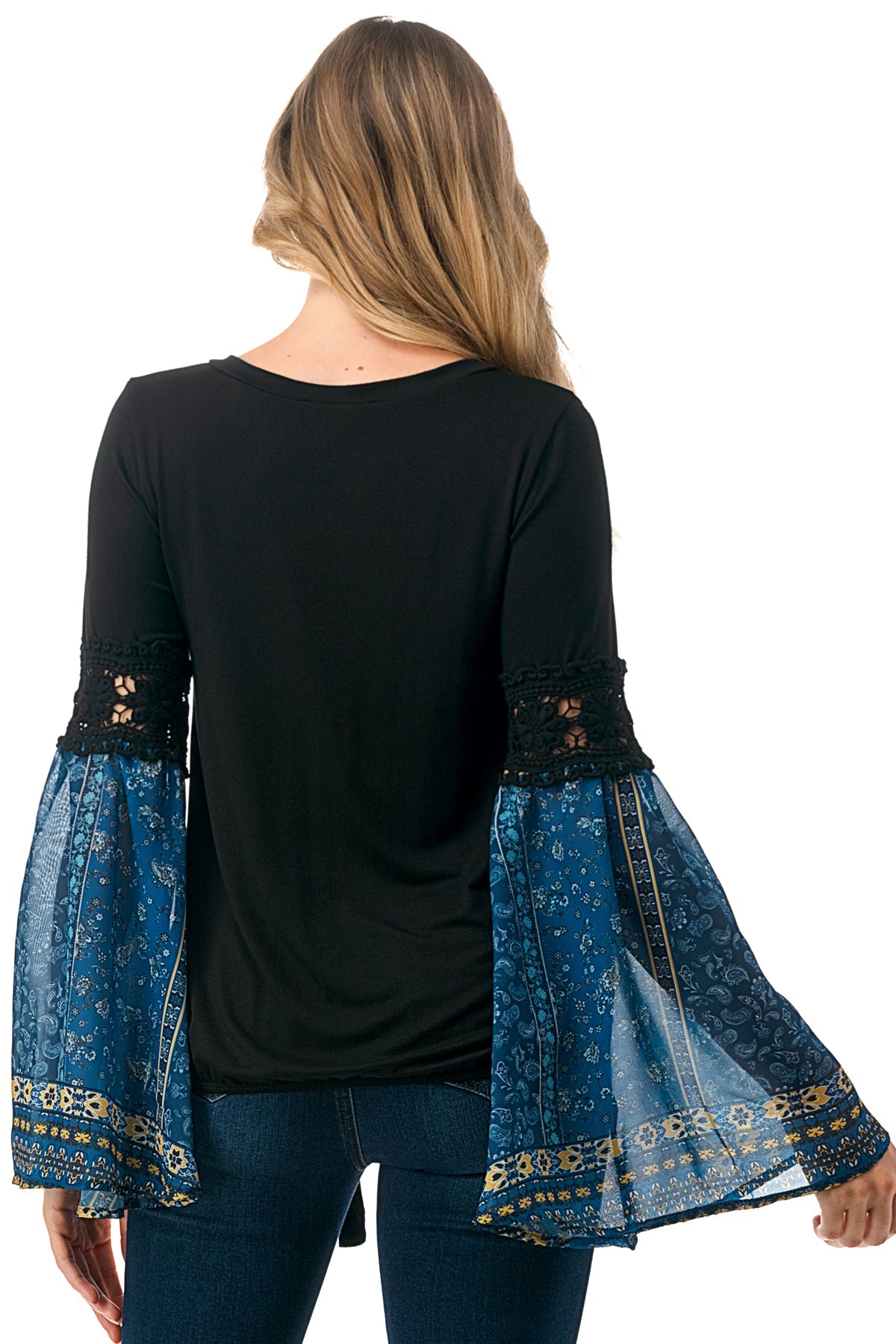 EMBER BELL SLEEVE TOP (BLACK/TEAL BOHO)- VT3068