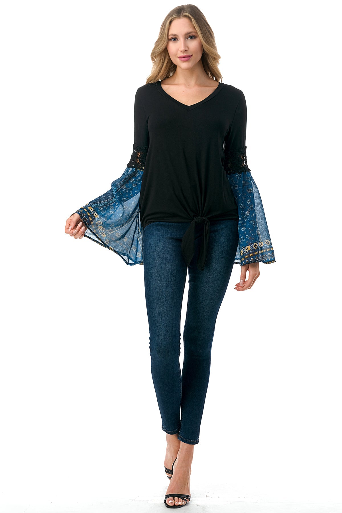 EMBER BELL SLEEVE TOP (BLACK/TEAL BOHO)- VT3068