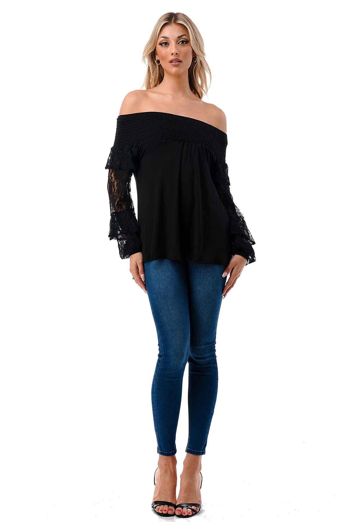 JAMIE 2 LAYER OFF SHOULDER TOP (BLACK / BLACK LACE)- VT3095
