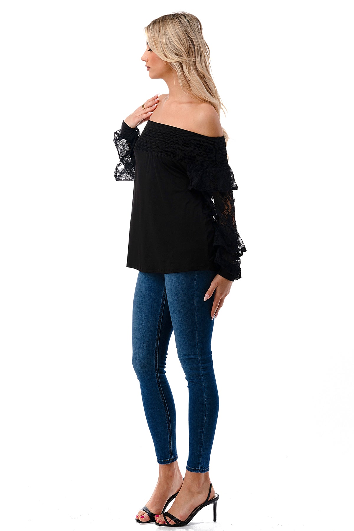 JAMIE 2 LAYER OFF SHOULDER TOP (BLACK / BLACK LACE)- VT3095