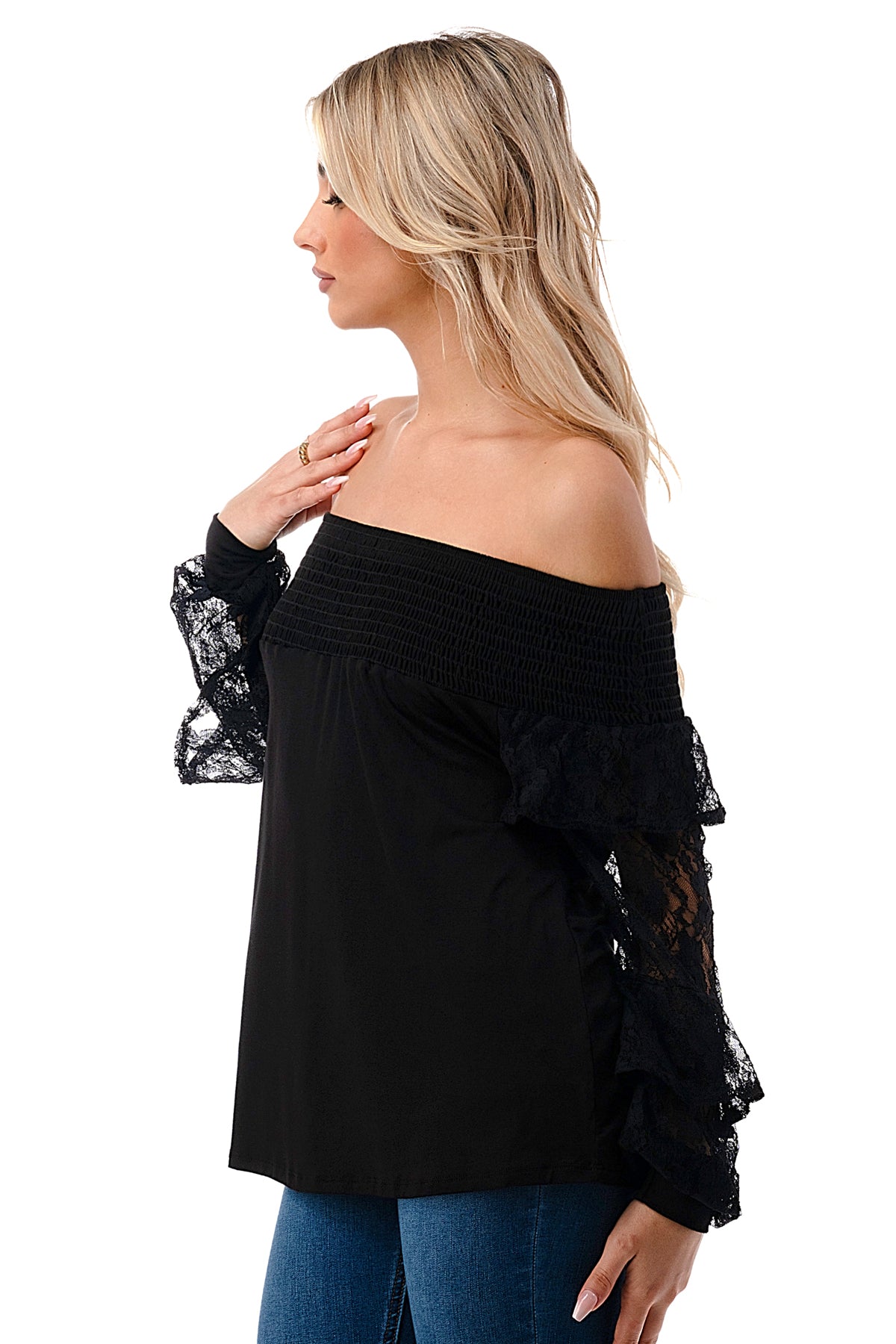 JAMIE 2 LAYER OFF SHOULDER TOP (BLACK / BLACK LACE)- VT3095