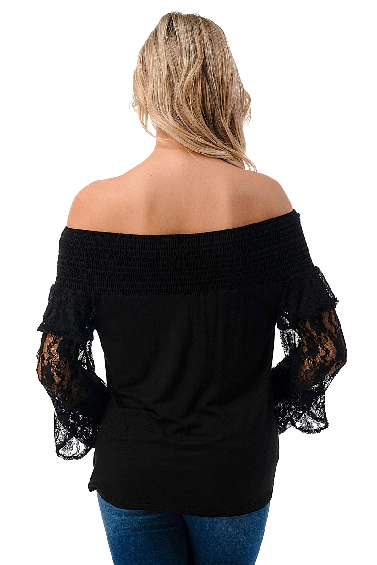 JAMIE 2 LAYER OFF SHOULDER TOP (BLACK / BLACK LACE)- VT3095