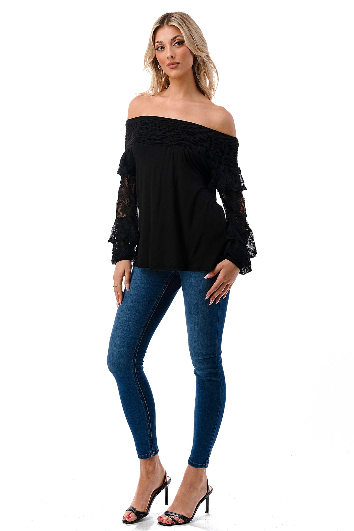 JAMIE 2 LAYER OFF SHOULDER TOP (BLACK / BLACK LACE)- VT3095