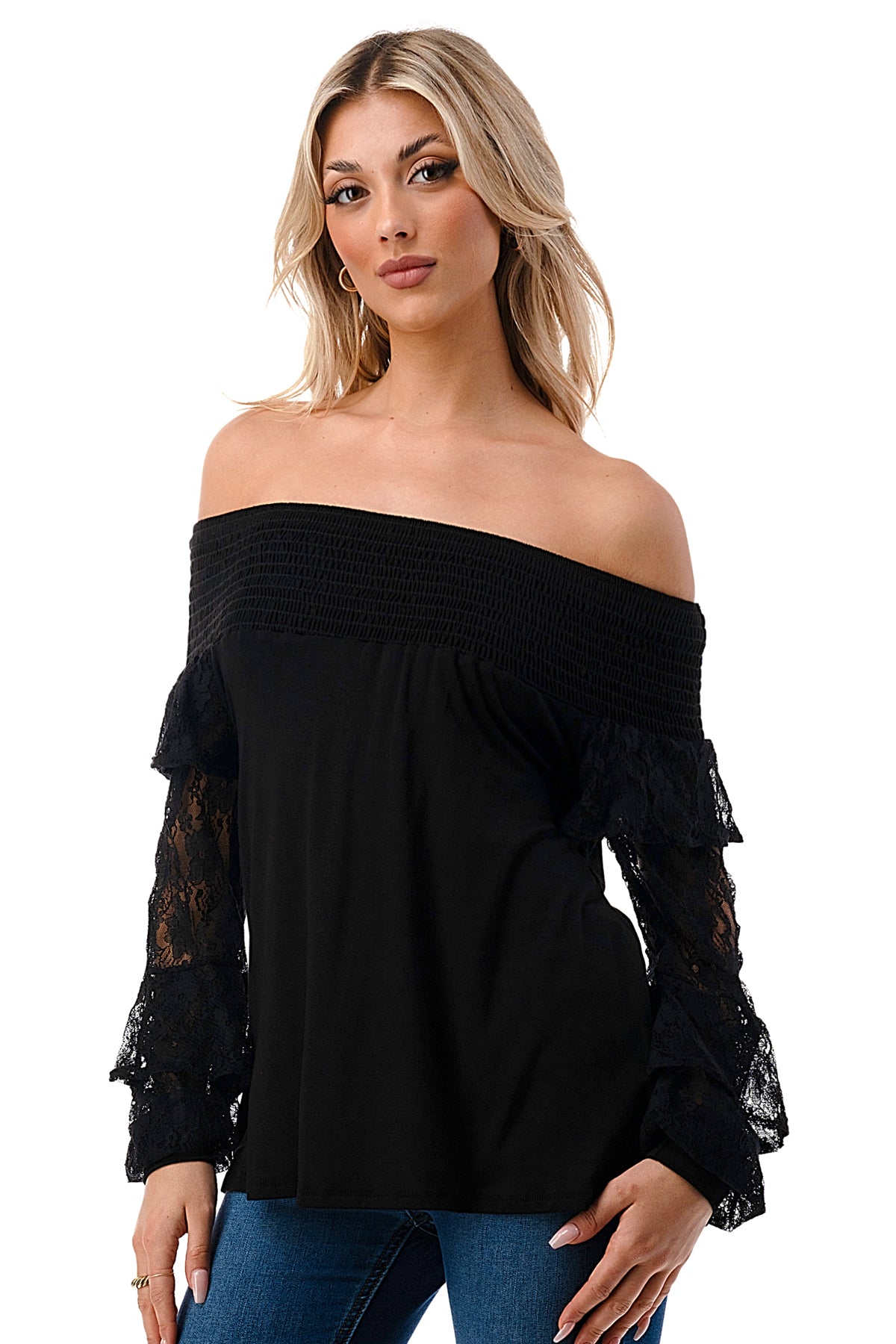 JAMIE 2 LAYER OFF SHOULDER TOP (BLACK / BLACK LACE)- VT3095