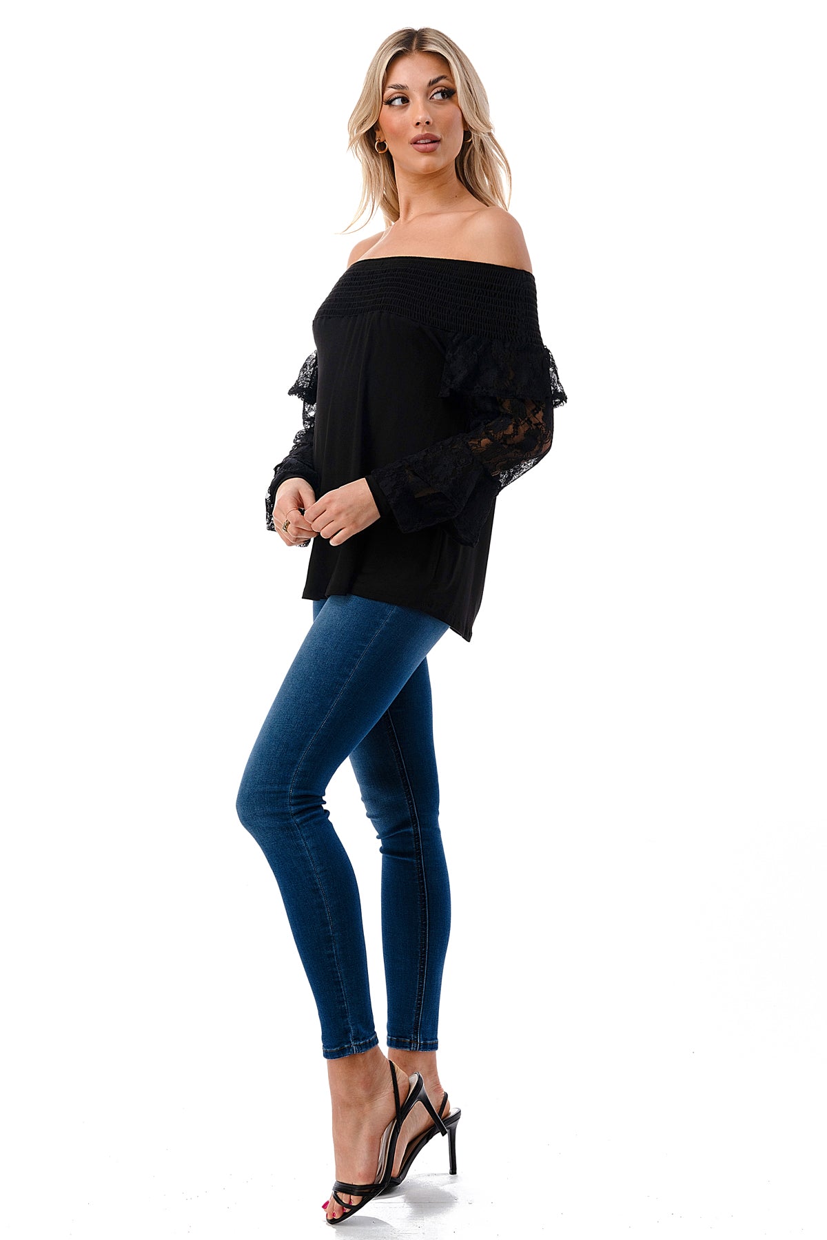 JAMIE 2 LAYER OFF SHOULDER TOP (BLACK / BLACK LACE)- VT3095