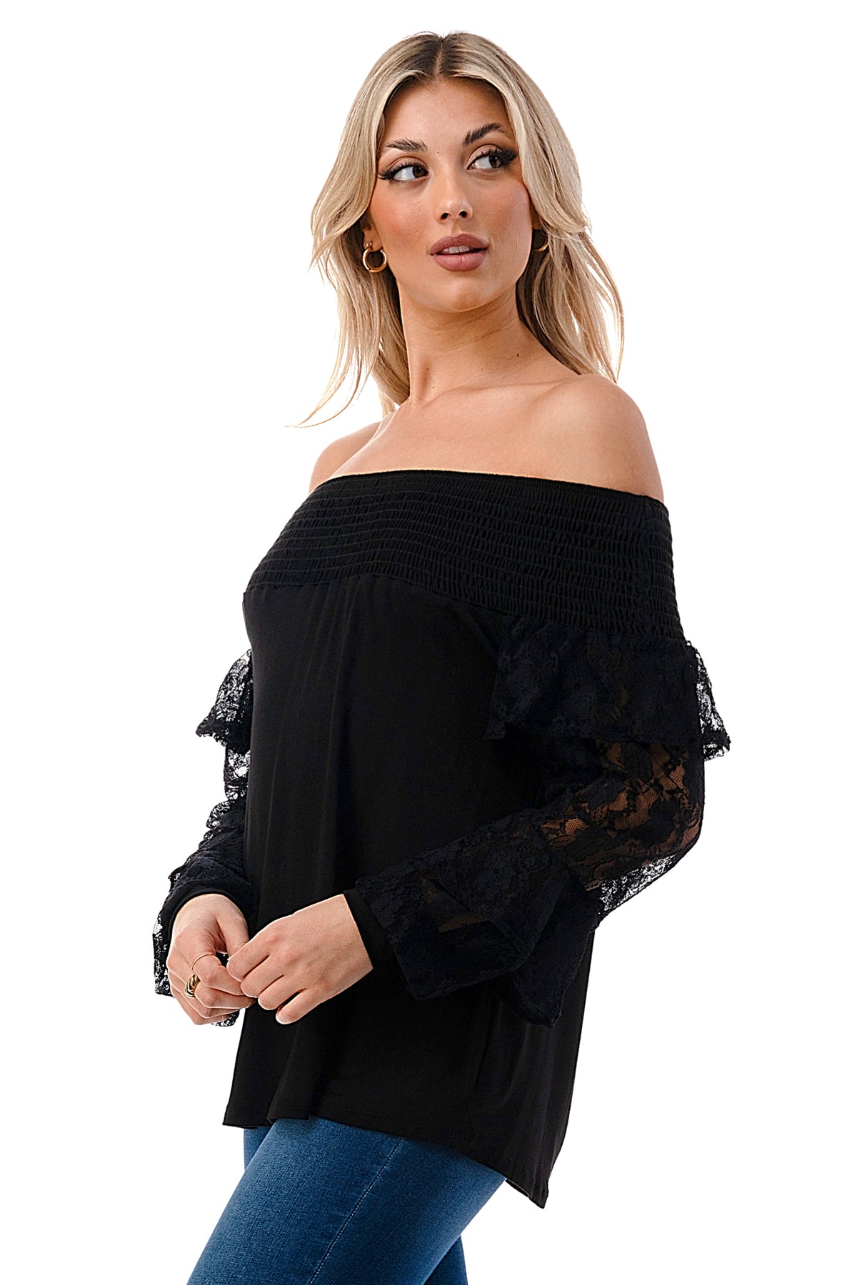 JAMIE 2 LAYER OFF SHOULDER TOP (BLACK / BLACK LACE)- VT3095