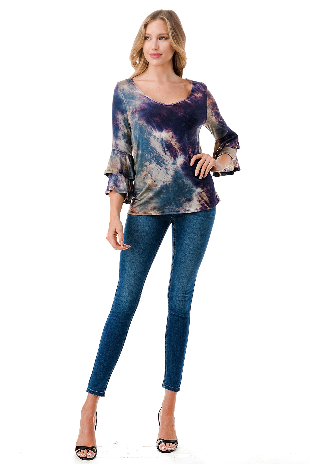 CORDELIA RUFFLE SLEEVE TOP (TAUPE TEAL TIE DYE)- VT3158