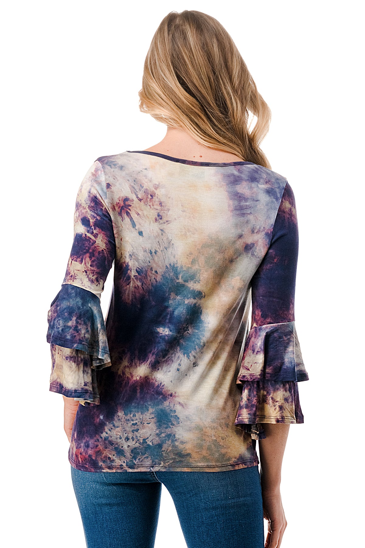 CORDELIA RUFFLE SLEEVE TOP (TAUPE TEAL TIE DYE)- VT3158