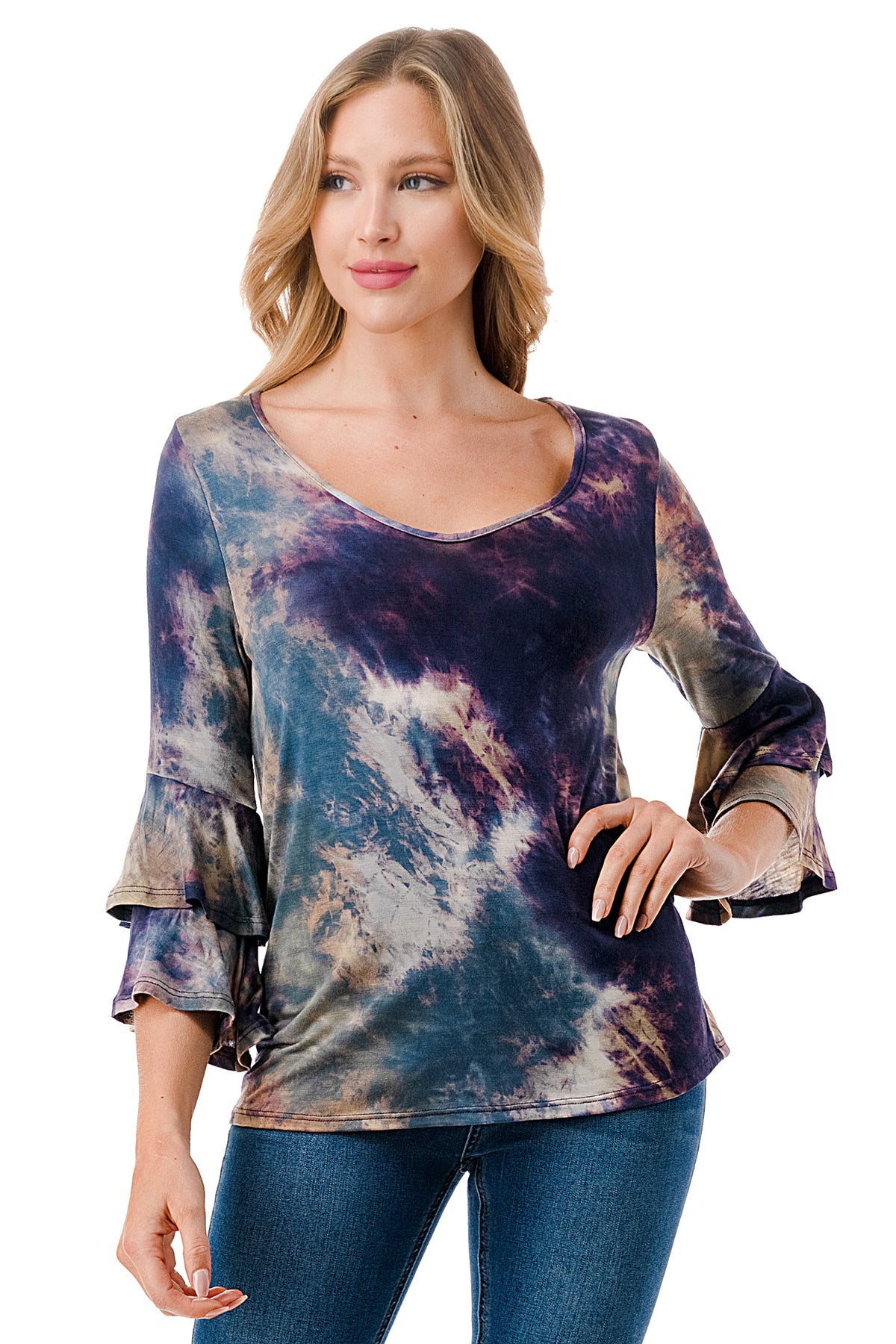 CORDELIA RUFFLE SLEEVE TOP (TAUPE TEAL TIE DYE)- VT3158
