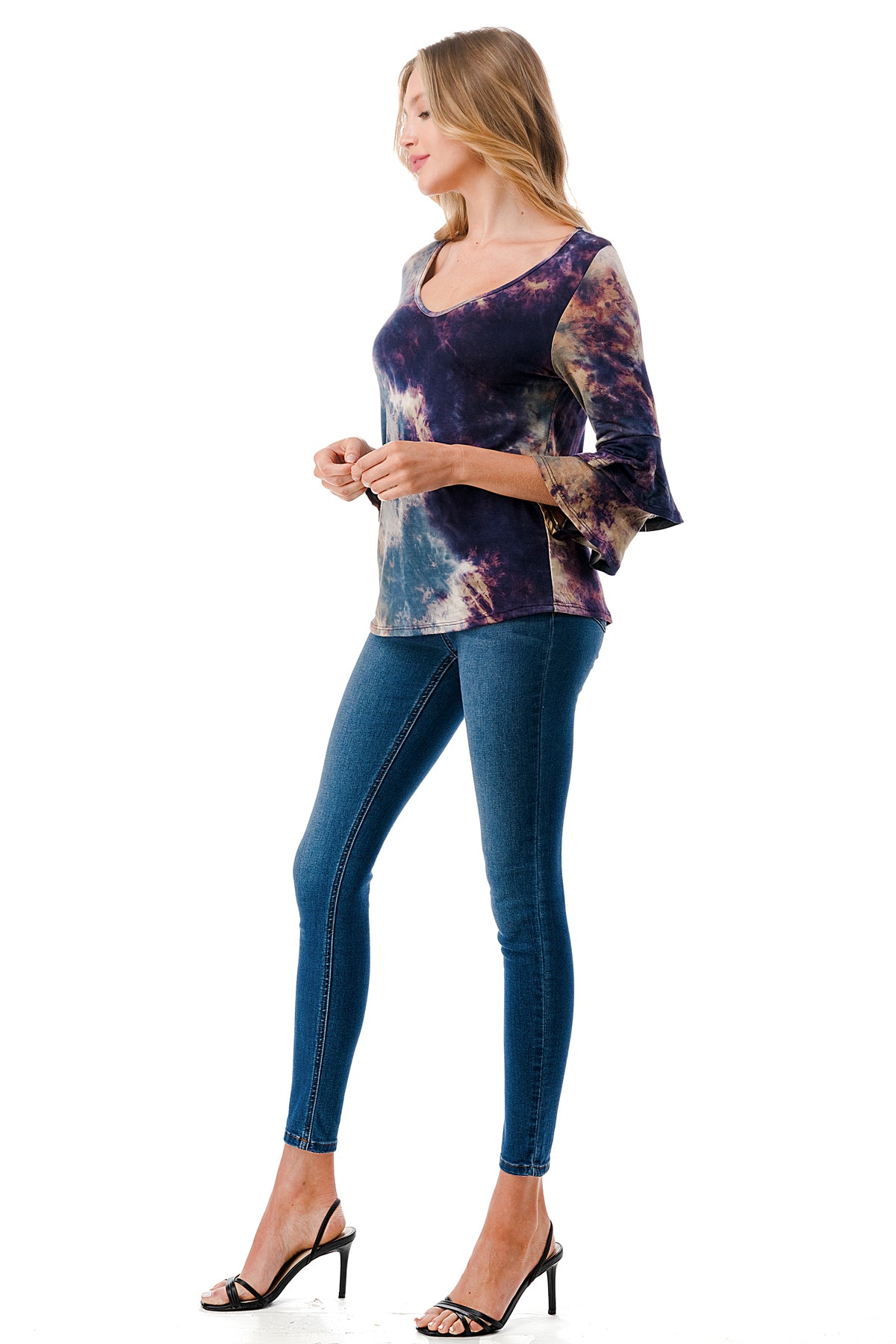 CORDELIA RUFFLE SLEEVE TOP (TAUPE TEAL TIE DYE)- VT3158