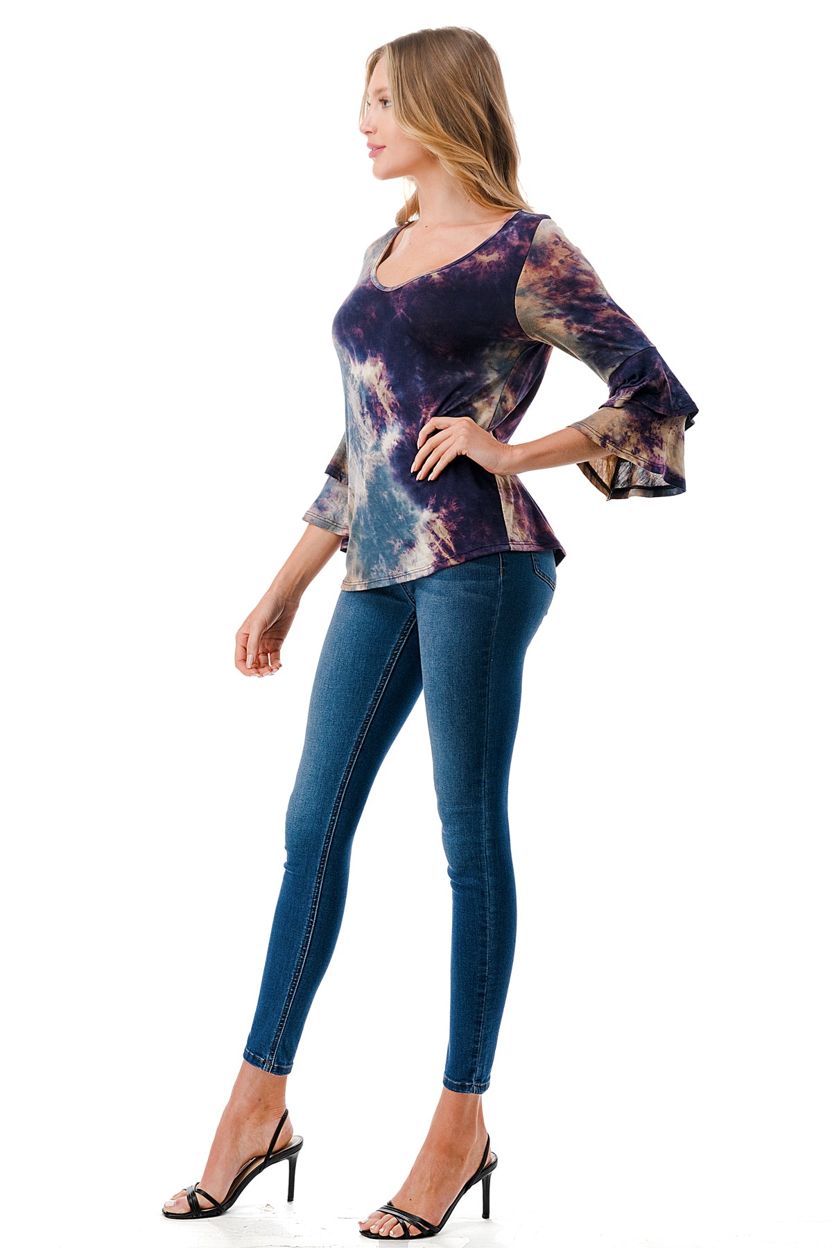 CORDELIA RUFFLE SLEEVE TOP (TAUPE TEAL TIE DYE)- VT3158