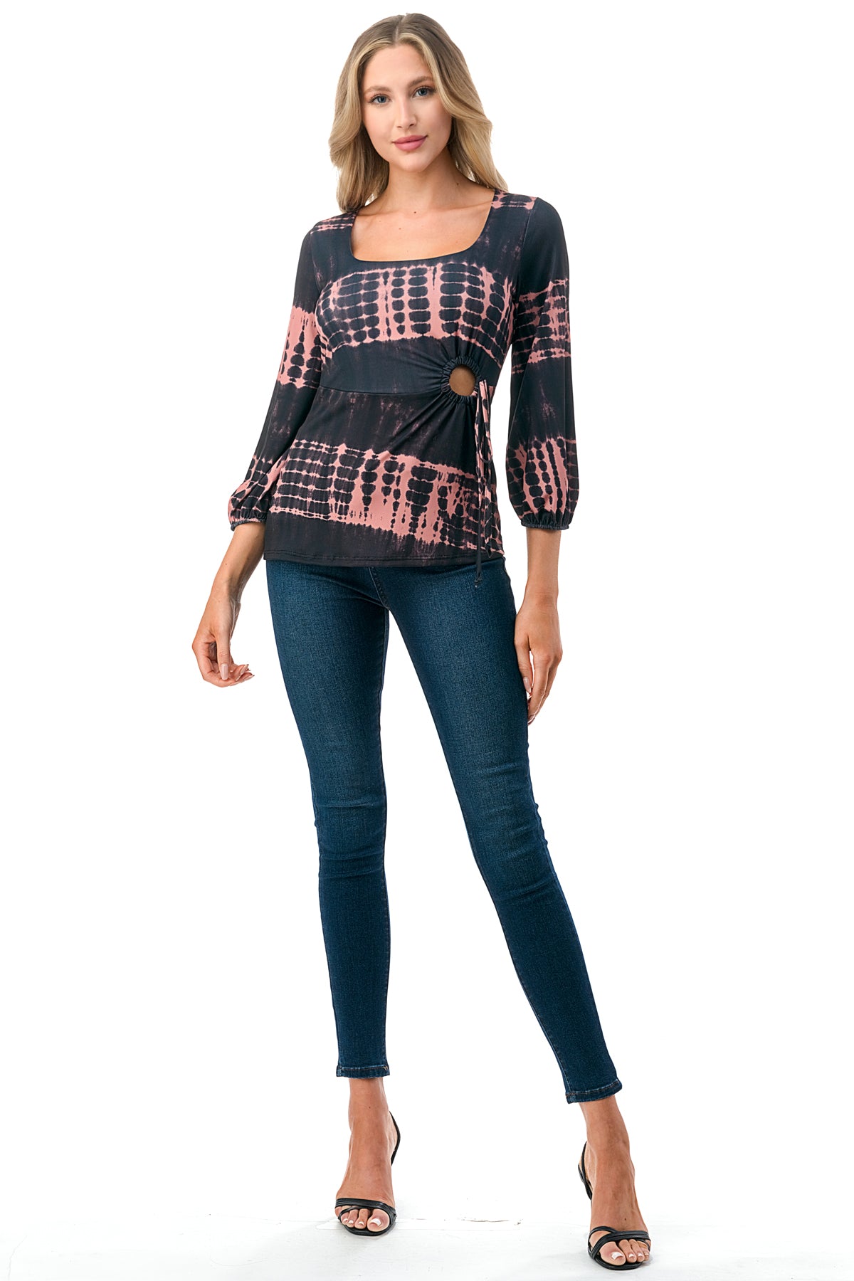 FRANCES FRONT KEY HOLE RIBBON TOP (BLACK/RUST TIE DYE)- VT3166