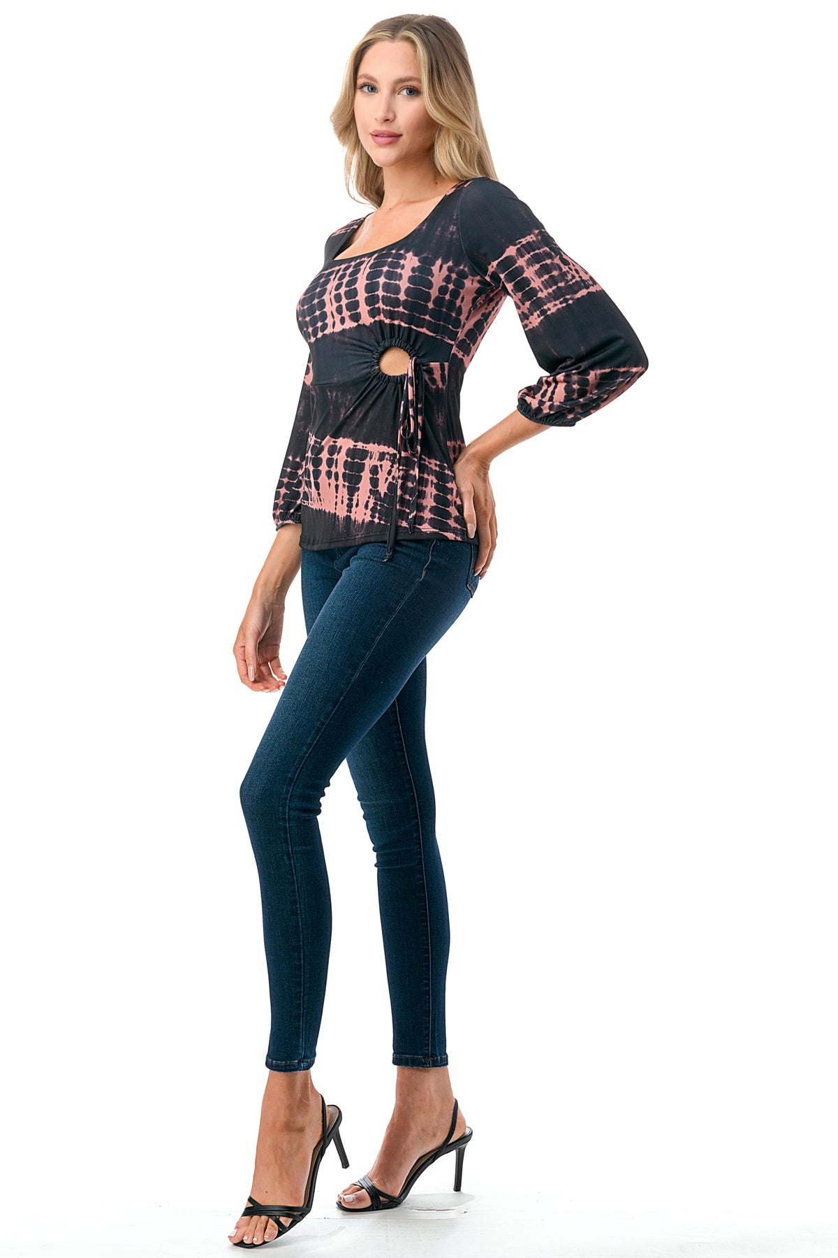 FRANCES FRONT KEY HOLE RIBBON TOP (BLACK/RUST TIE DYE)- VT3166