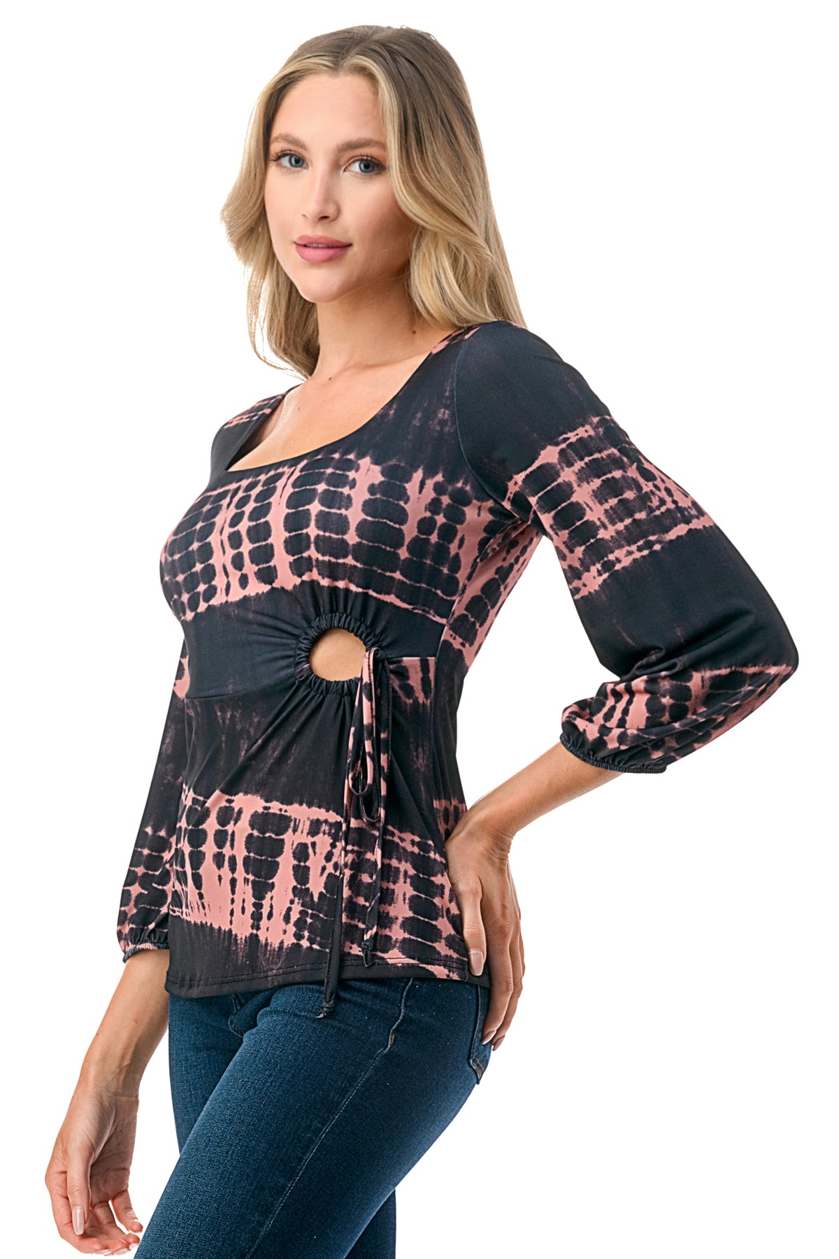 FRANCES FRONT KEY HOLE RIBBON TOP (BLACK/RUST TIE DYE)- VT3166