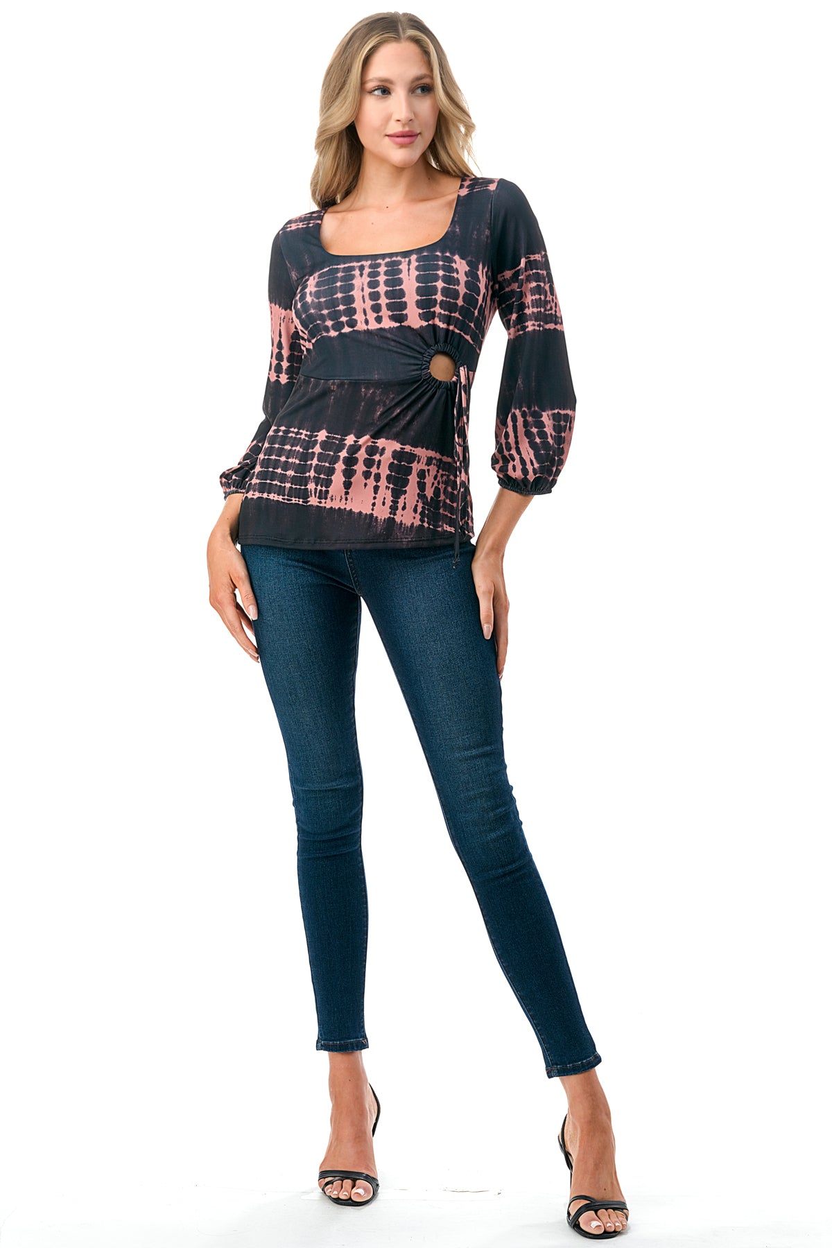 FRANCES FRONT KEY HOLE RIBBON TOP (BLACK/RUST TIE DYE)- VT3166