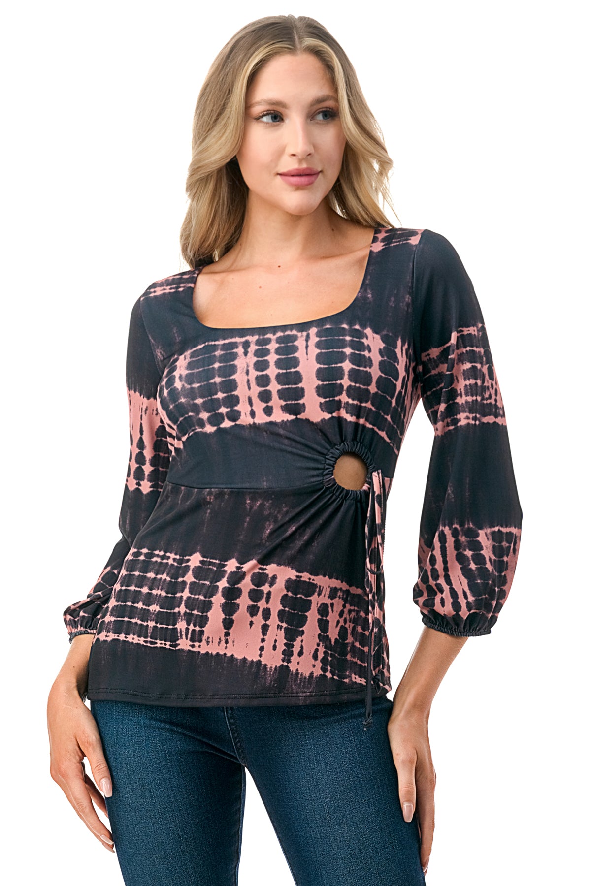 FRANCES FRONT KEY HOLE RIBBON TOP (BLACK/RUST TIE DYE)- VT3166