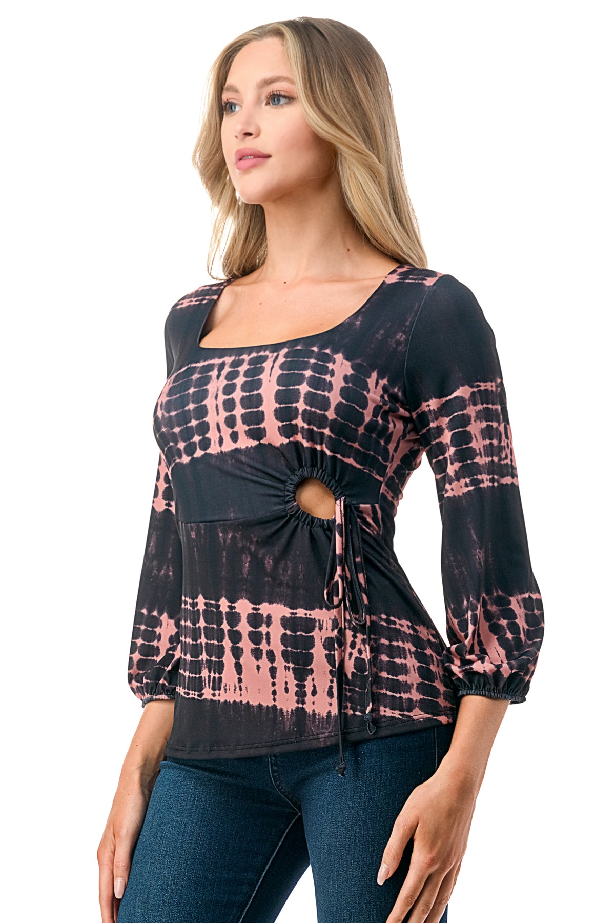 FRANCES FRONT KEY HOLE RIBBON TOP (BLACK/RUST TIE DYE)- VT3166
