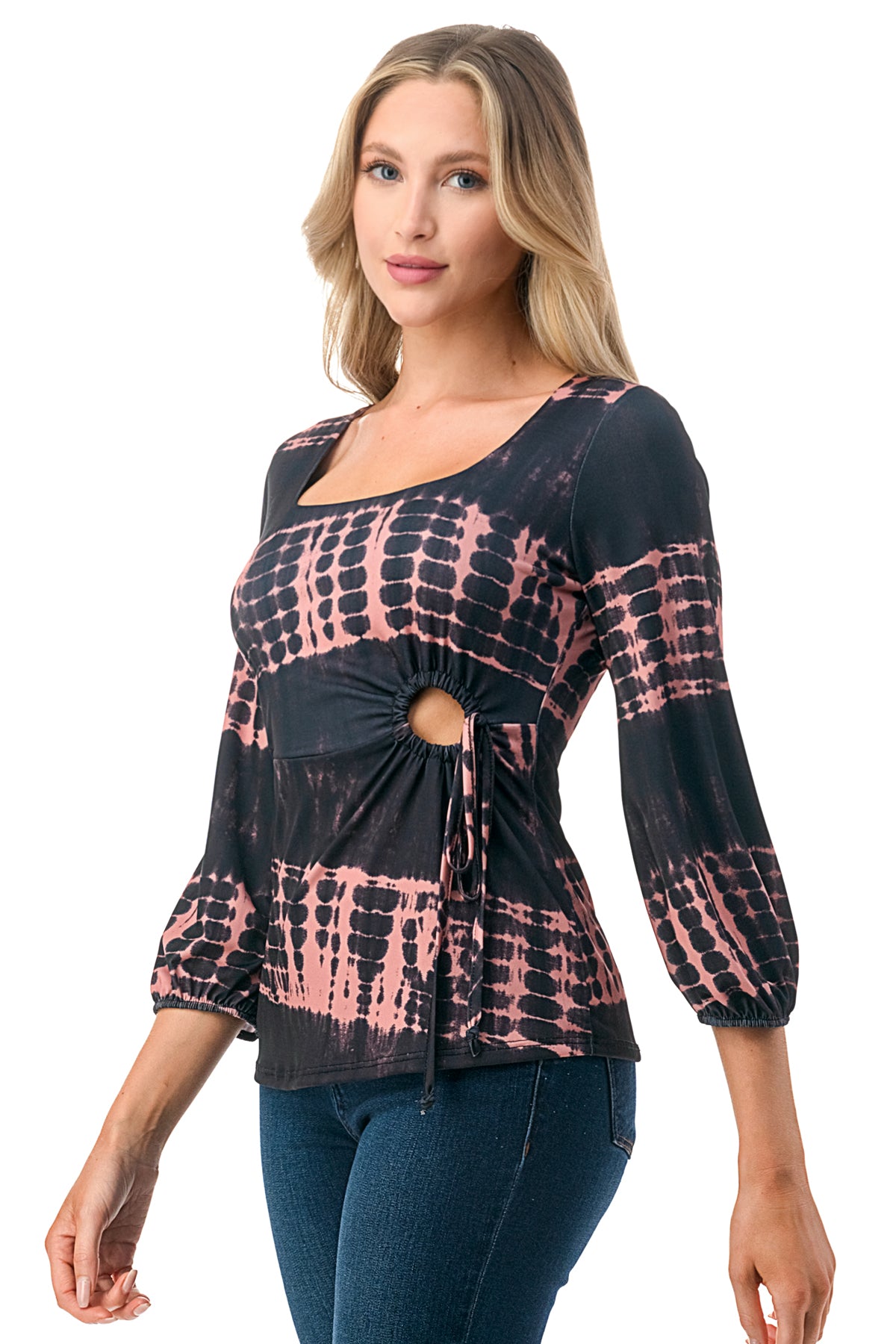 FRANCES FRONT KEY HOLE RIBBON TOP (BLACK/RUST TIE DYE)- VT3166