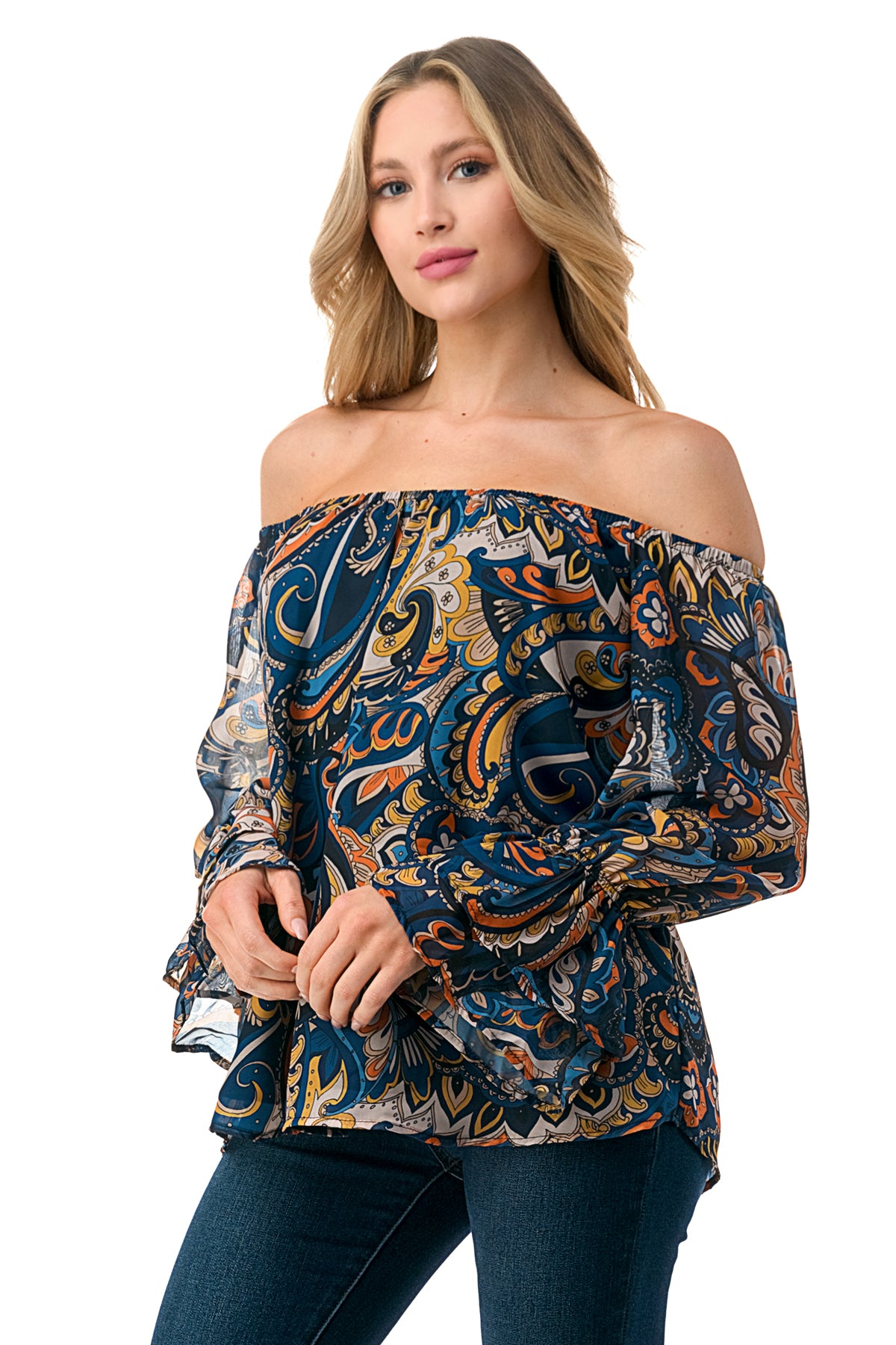 JANE OFF SHOULDER DOUBLE RUFFLE SLEEVE TOP (NAVY PAISLEY)- VT3173
