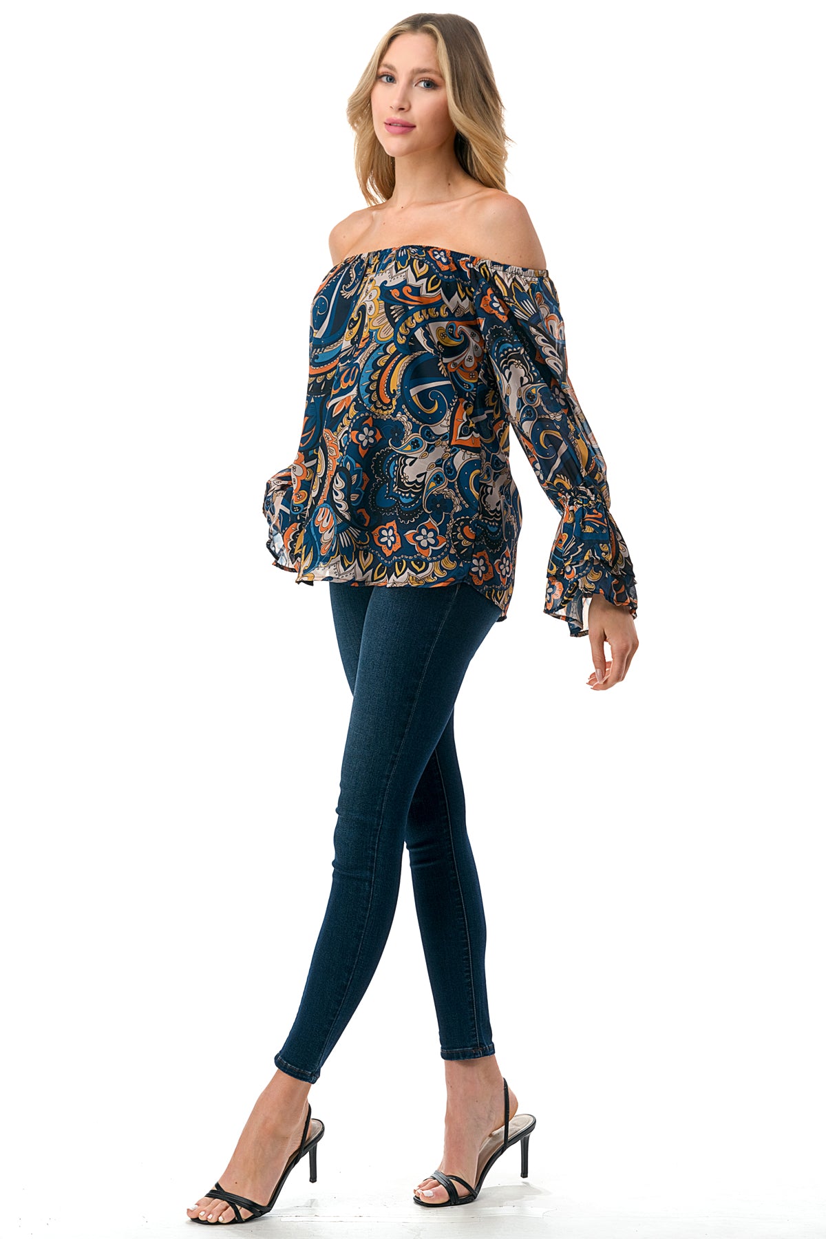 JANE OFF SHOULDER DOUBLE RUFFLE SLEEVE TOP (NAVY PAISLEY)- VT3173