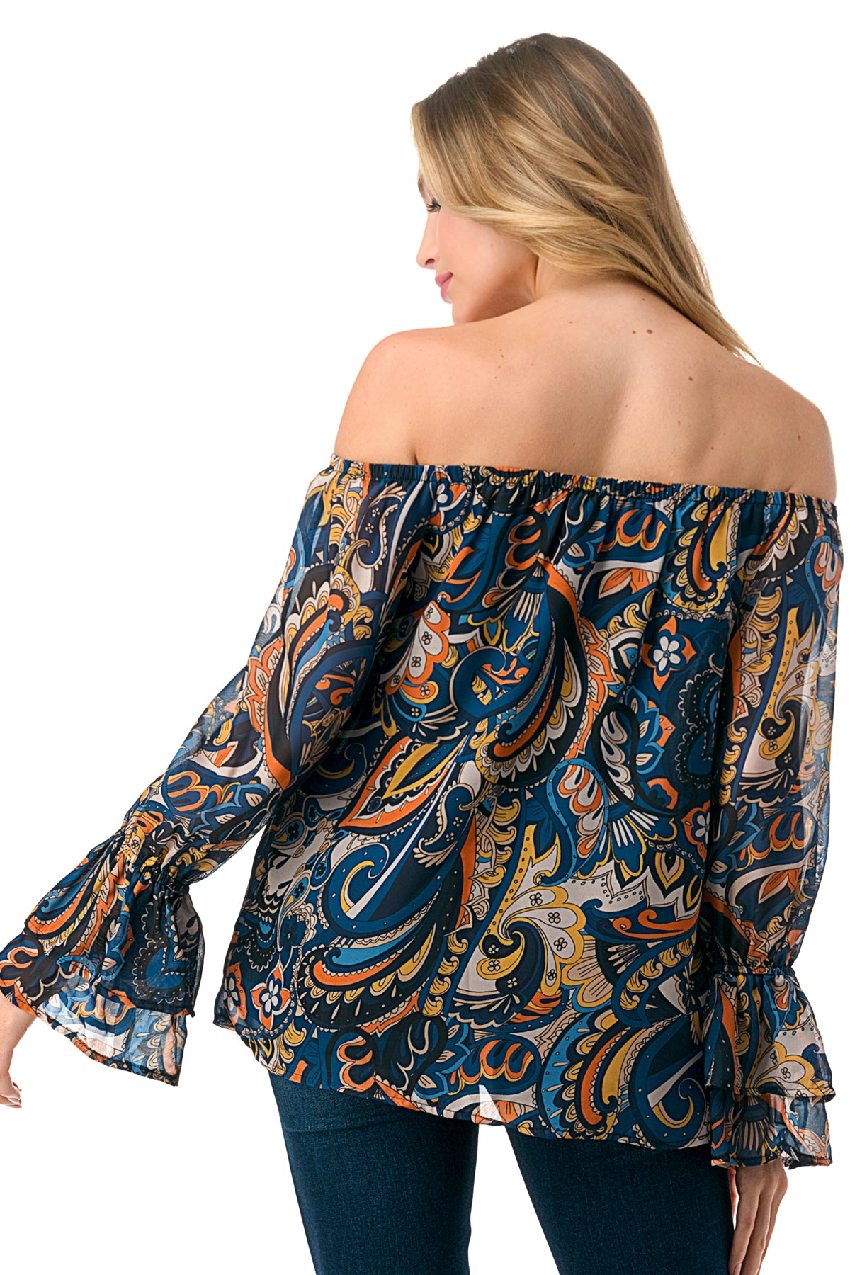 JANE OFF SHOULDER DOUBLE RUFFLE SLEEVE TOP (NAVY PAISLEY)- VT3173