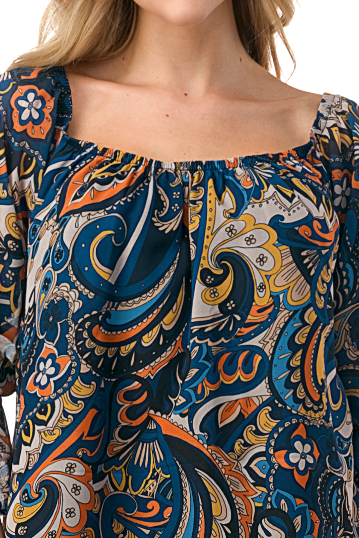 JANE OFF SHOULDER DOUBLE RUFFLE SLEEVE TOP (NAVY PAISLEY)- VT3173