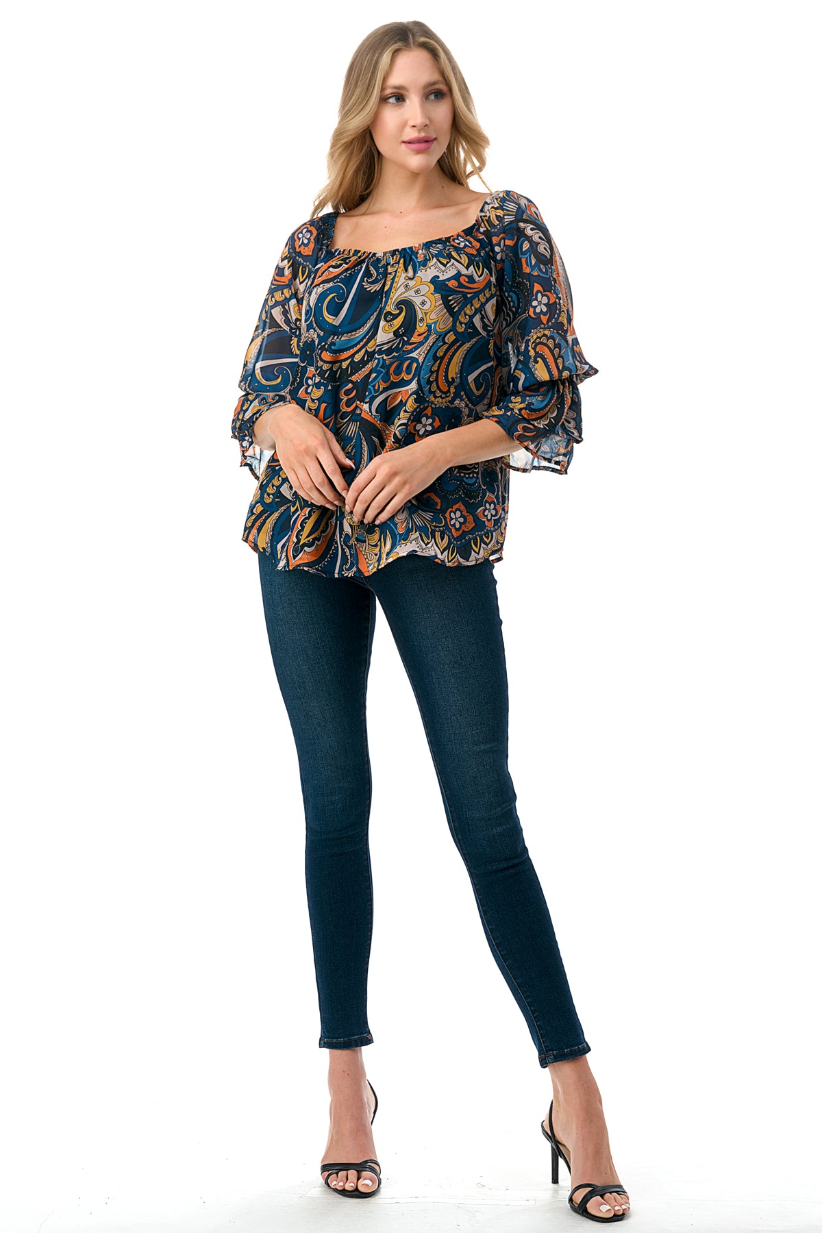 JANE OFF SHOULDER DOUBLE RUFFLE SLEEVE TOP (NAVY PAISLEY)- VT3173