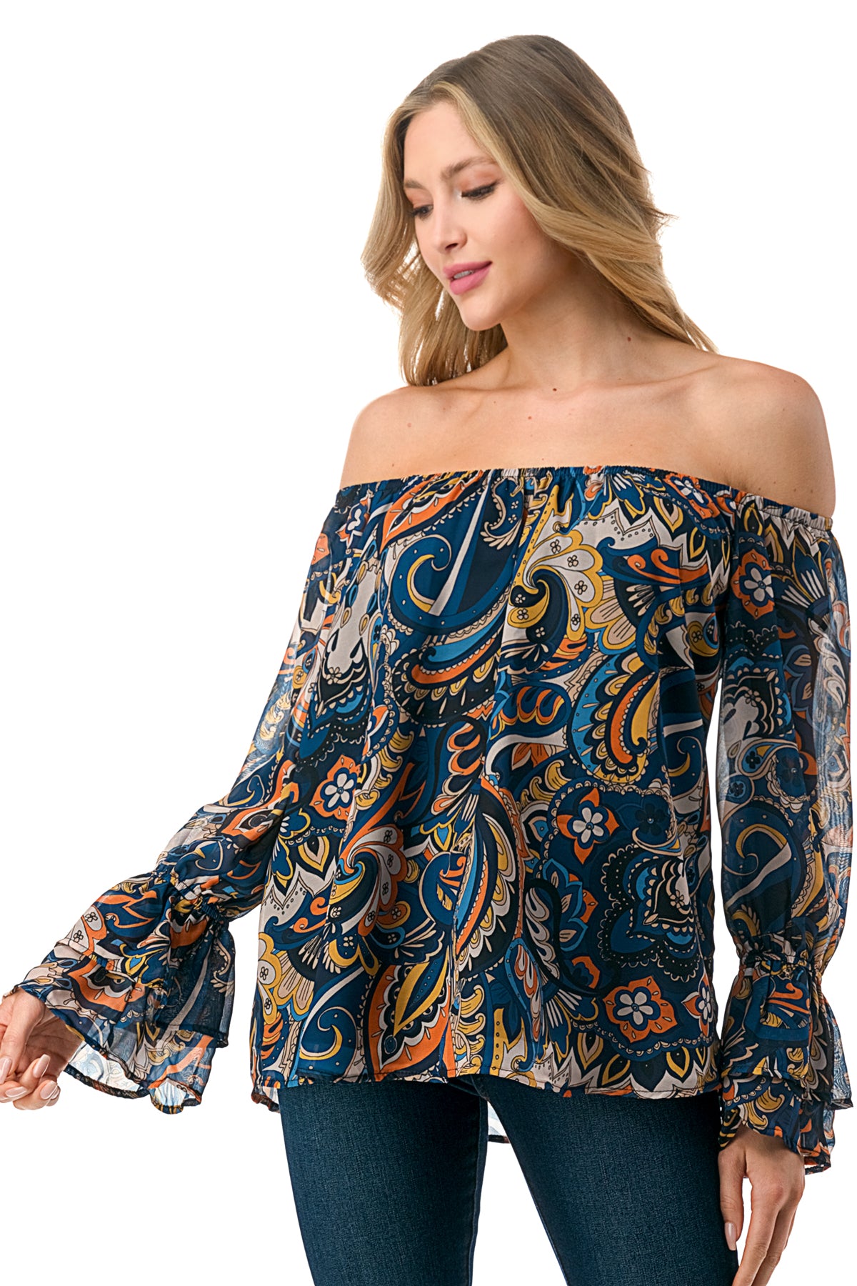 JANE OFF SHOULDER DOUBLE RUFFLE SLEEVE TOP (NAVY PAISLEY)- VT3173
