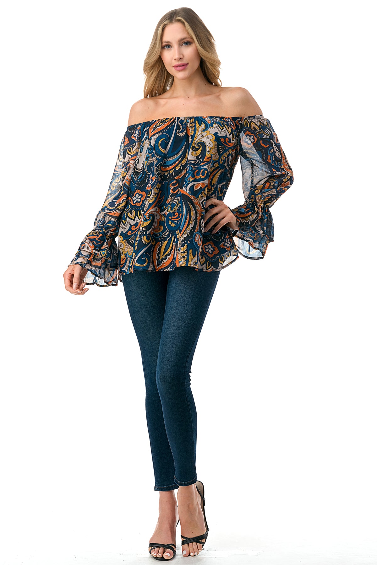 JANE OFF SHOULDER DOUBLE RUFFLE SLEEVE TOP (NAVY PAISLEY)- VT3173