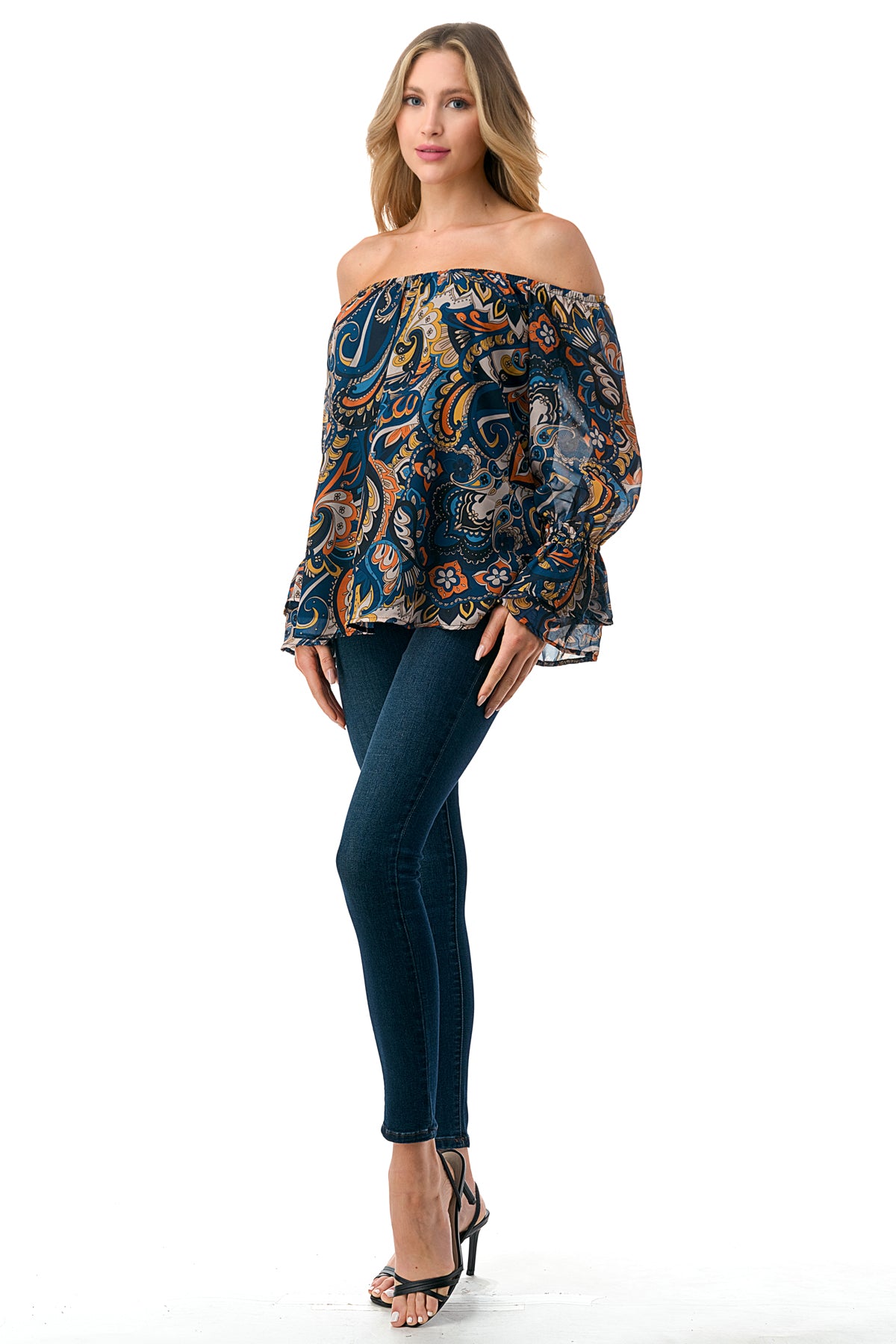 JANE OFF SHOULDER DOUBLE RUFFLE SLEEVE TOP (NAVY PAISLEY)- VT3173