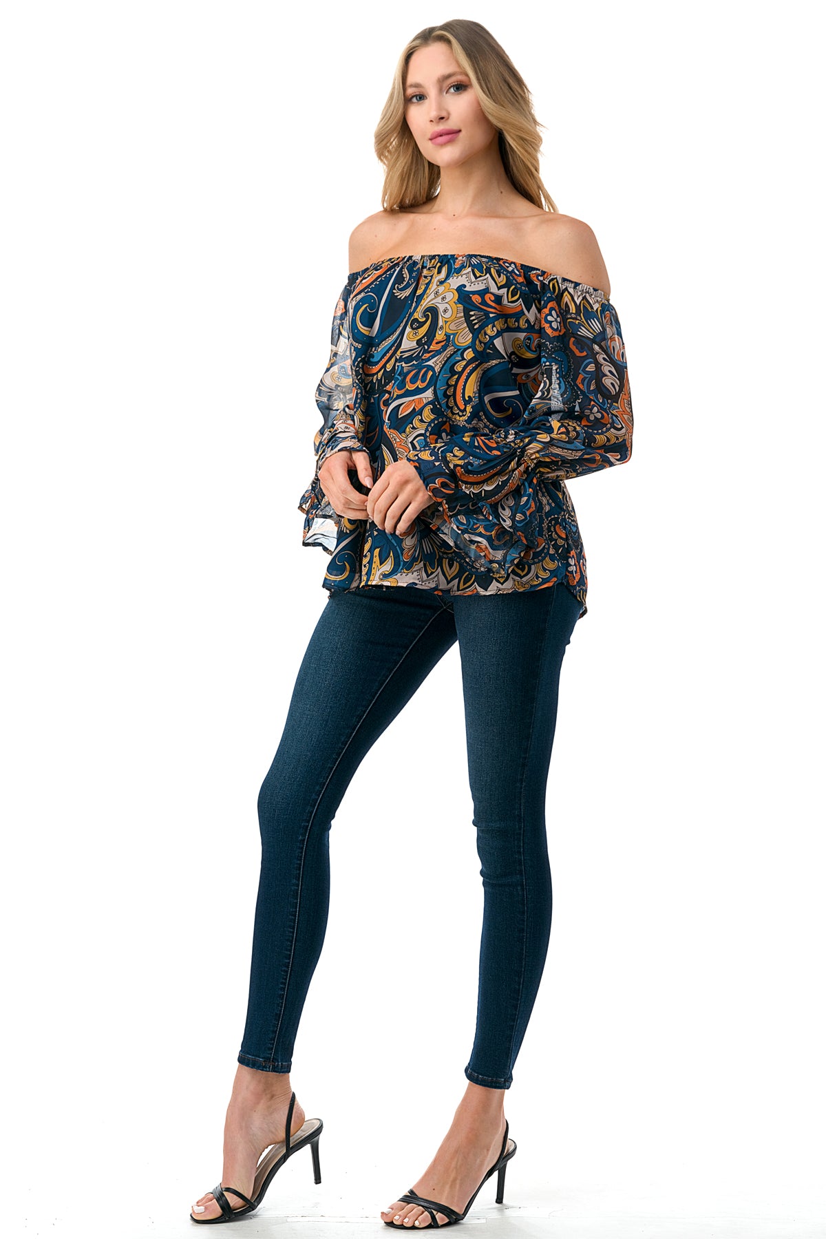 JANE OFF SHOULDER DOUBLE RUFFLE SLEEVE TOP (NAVY PAISLEY)- VT3173