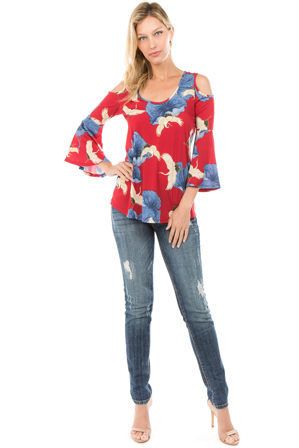 PRINTED BRENDA TOP (Red Bird)- VT7365