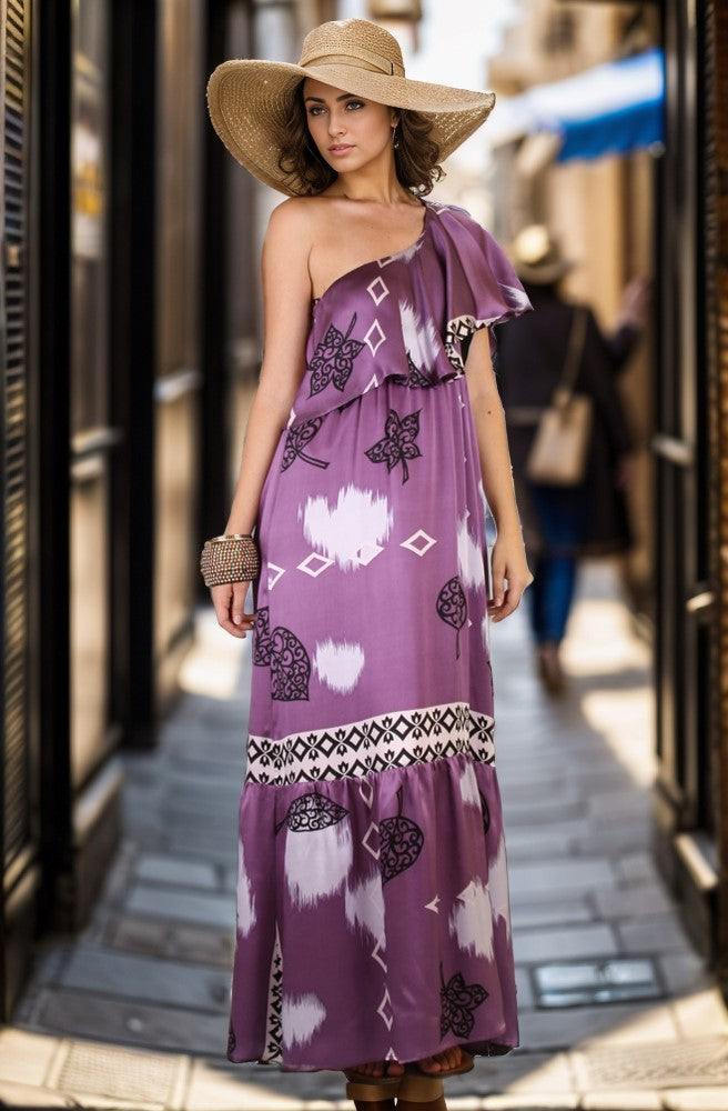 KAT ONE SHOULDER LONG DRESS (LAVENDER)- D7158