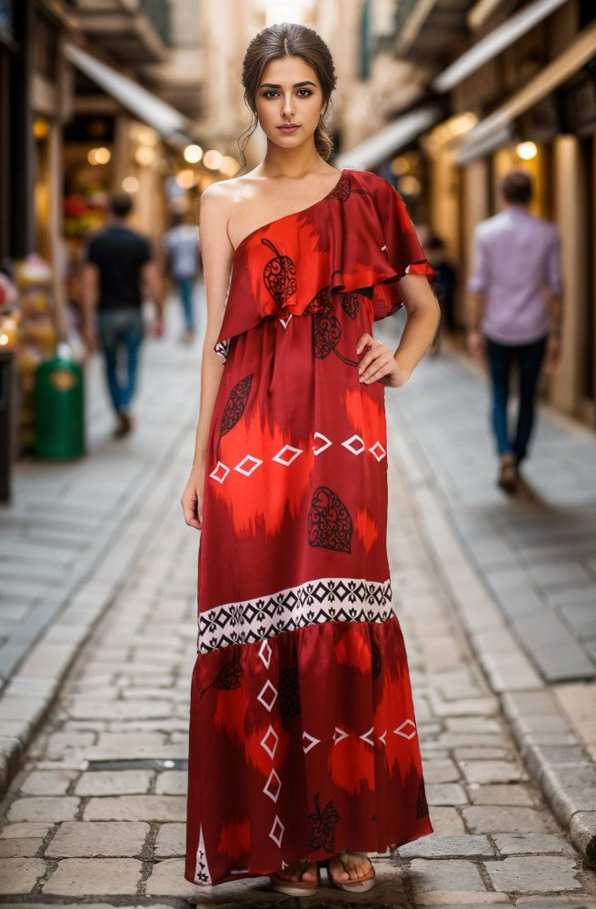 KAT ONE SHOULDER LONG DRESS (RED)- D7158