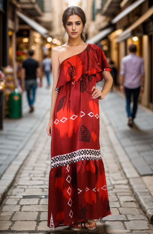 KAT ONE SHOULDER LONG DRESS (RED)- D7158