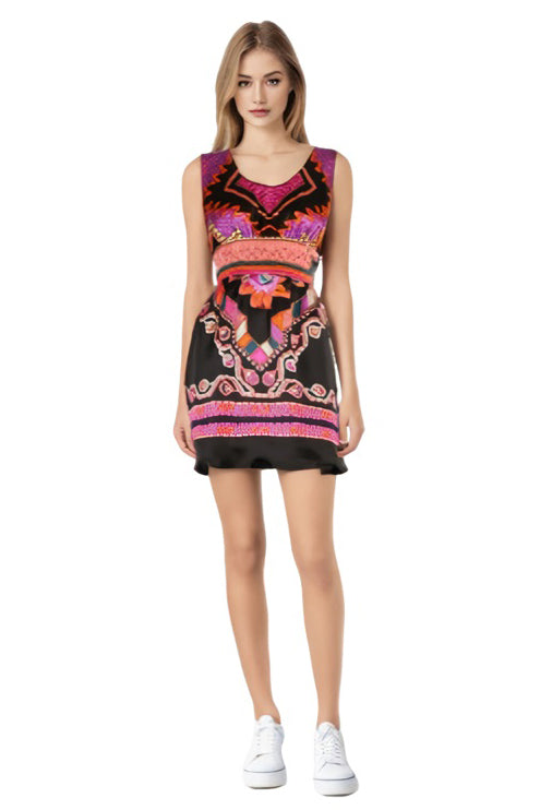 NATIVE SLEEVELESS DRESS (MULTI BLACK)- D7488