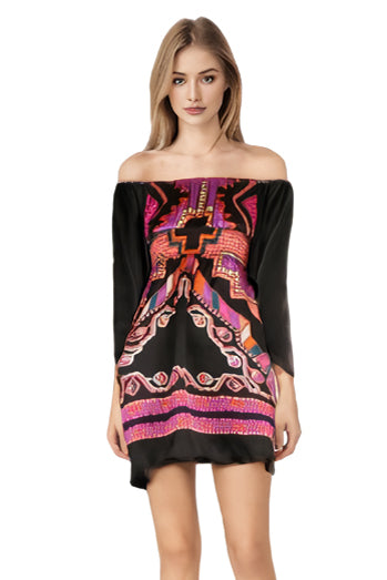 NATIVE OFF SHOULDER BS DRESS (MULTI BLACK)- D7489