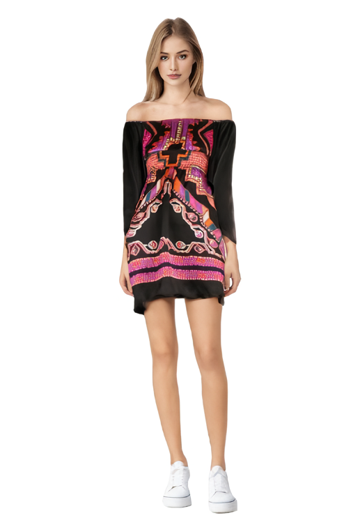 NATIVE OFF SHOULDER BS DRESS (MULTI BLACK)- D7489