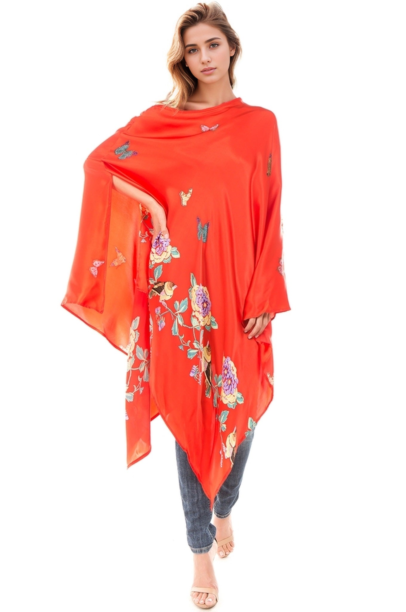 PONCHO SILK DRESS (Red)- VD1642