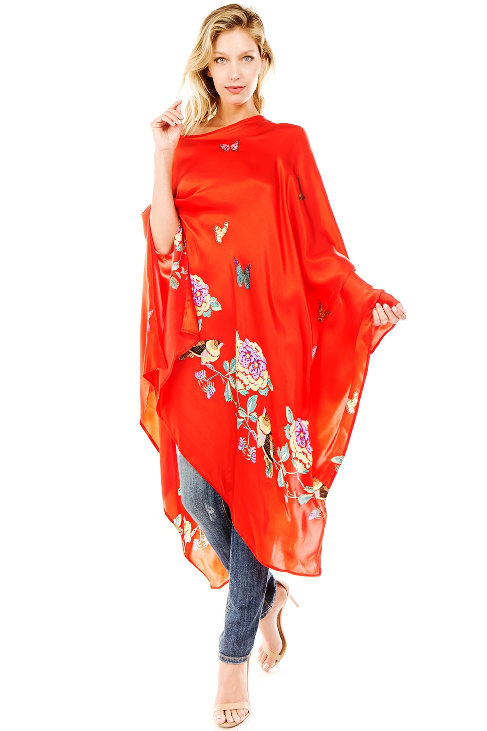 PONCHO SILK DRESS (Red)- VD1642