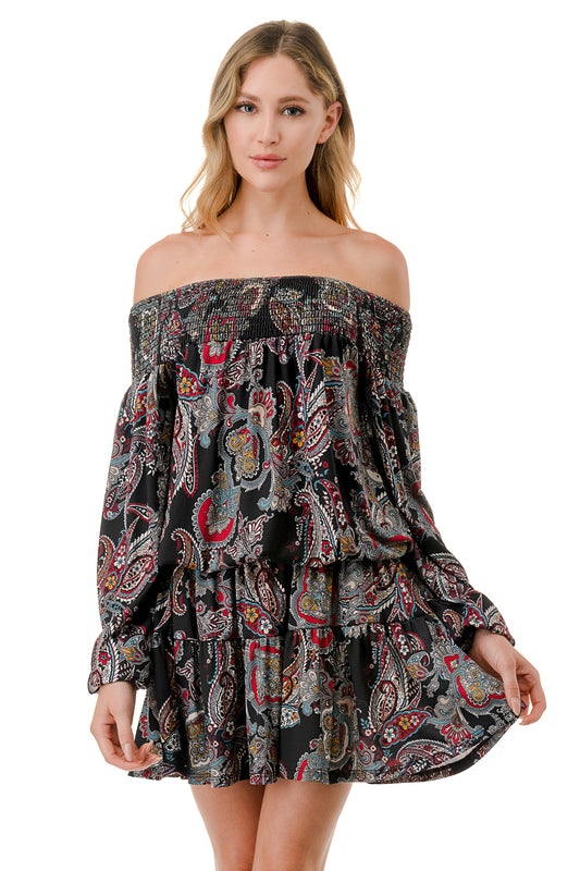 MARGO OFF SHOULDER DRESS (BLACK PAISLEY)- VD2813