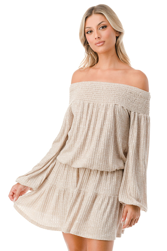 MARGO OFF SHOULDER DRESS (CAMEL HACCI)- VD2813