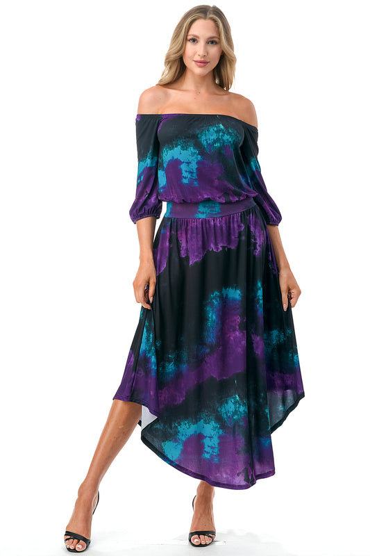 FRANCES OFF SHOULDER DRESS (PURPLE TEAL TIE DYE)- VD3163
