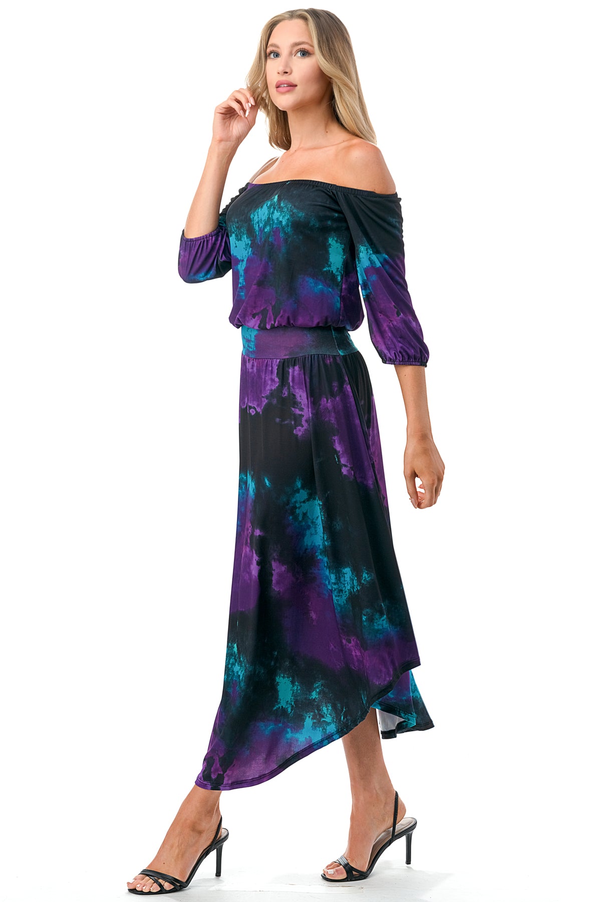 FRANCES OFF SHOULDER DRESS (PURPLE TEAL TIE DYE)- VD3163