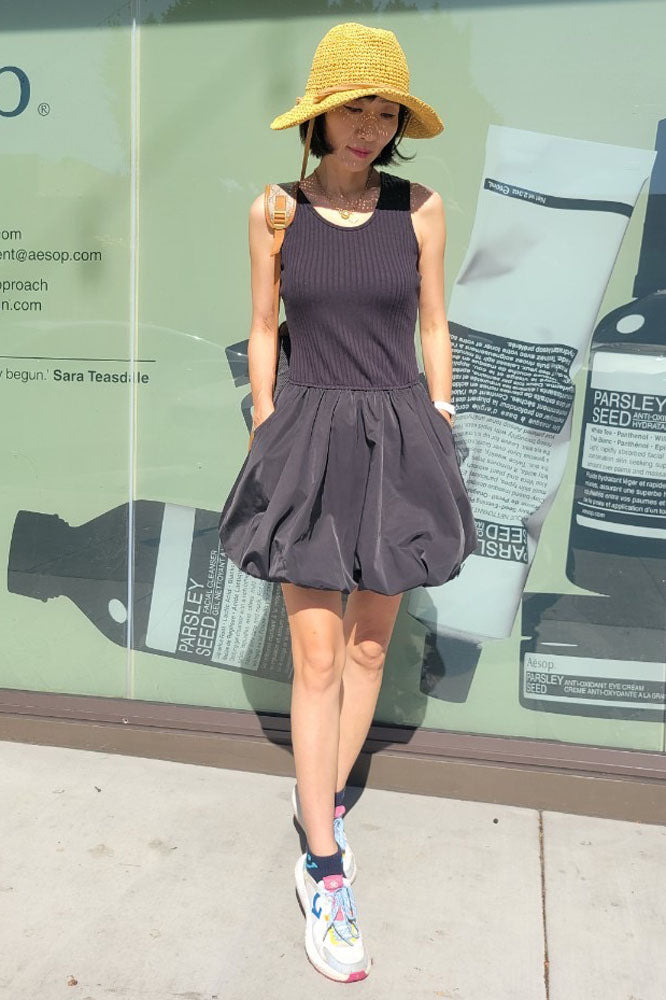 MIMI BUBBLE TANK DRESS (BLACK / BLACK LINEN) - VD3328