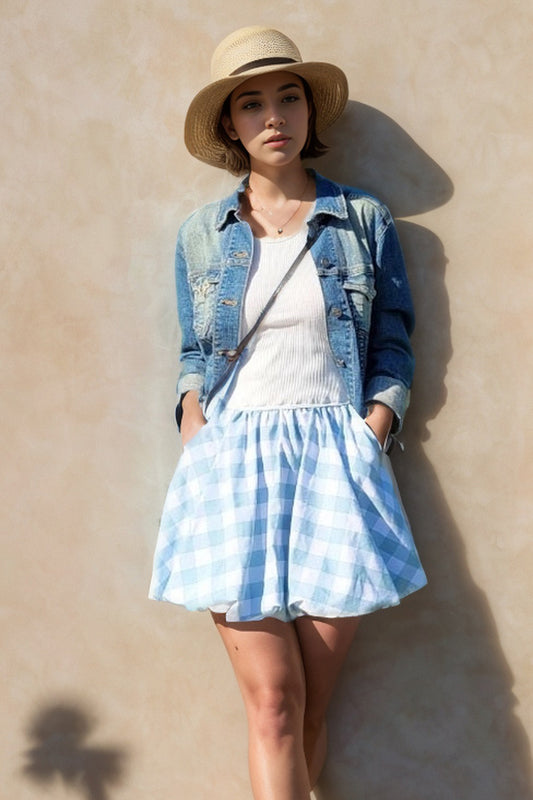 MIMI BUBBLE TANK DRESS (WHITE RIB / BLUE PLAID) - VD3328
