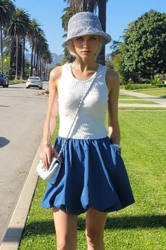 MIMI BUBBLE TANK DRESS (WHITE RIB / INDIGO) - VD3328