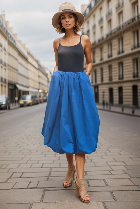 MIRA MIDI BUBBLE DRESS (BLACK/INDIGO) -VD3349