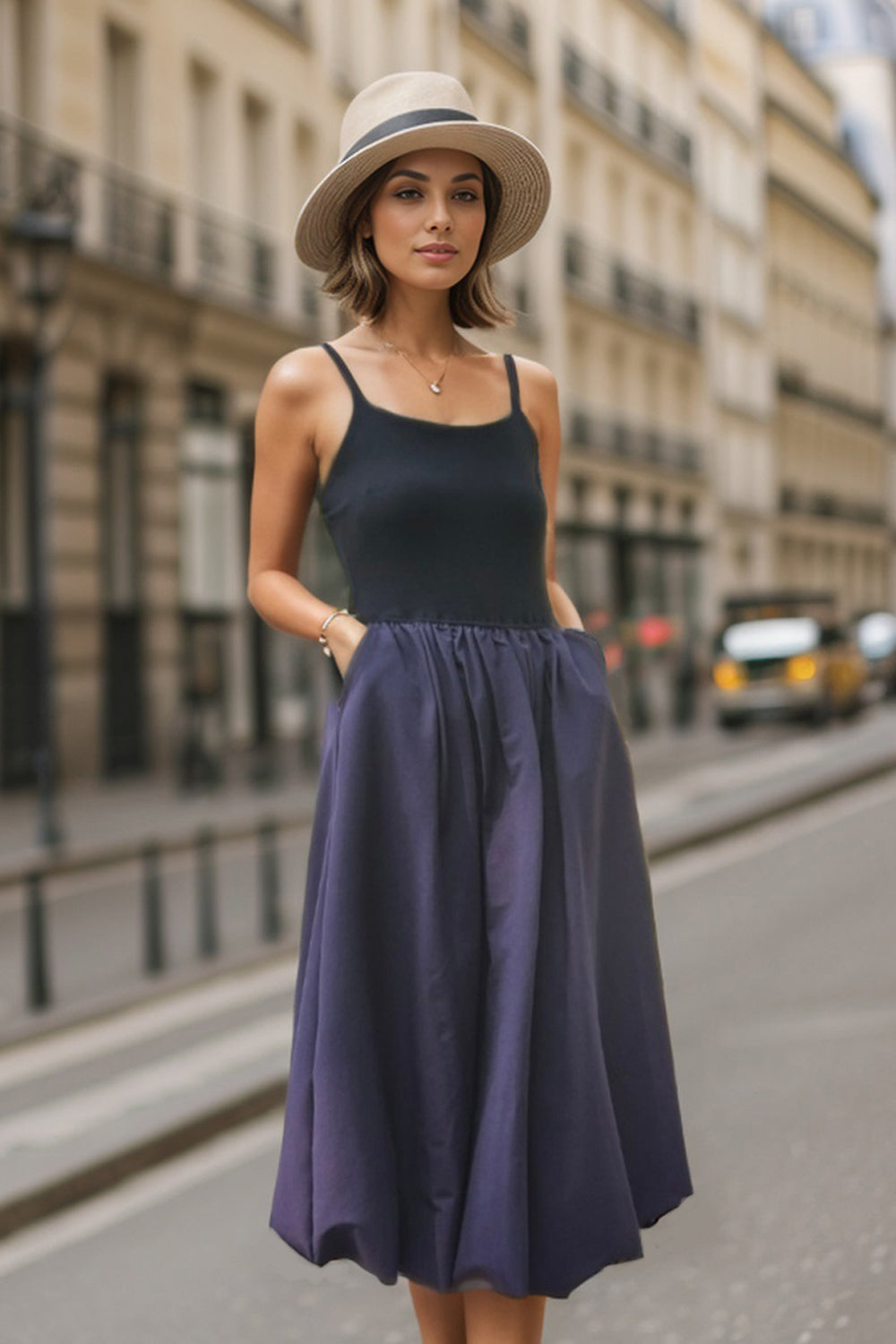 MIRA MIDI BUBBLE DRESS (BLACK/PURPLE) -VD3349