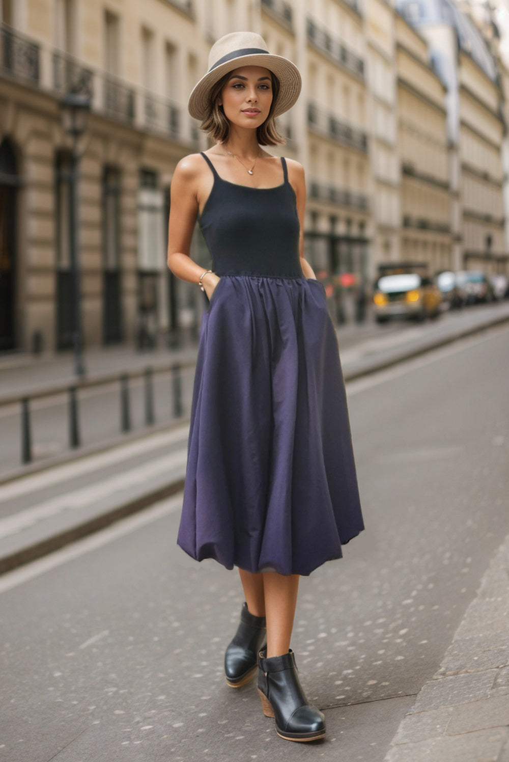 MIRA MIDI BUBBLE DRESS (BLACK/PURPLE) -VD3349